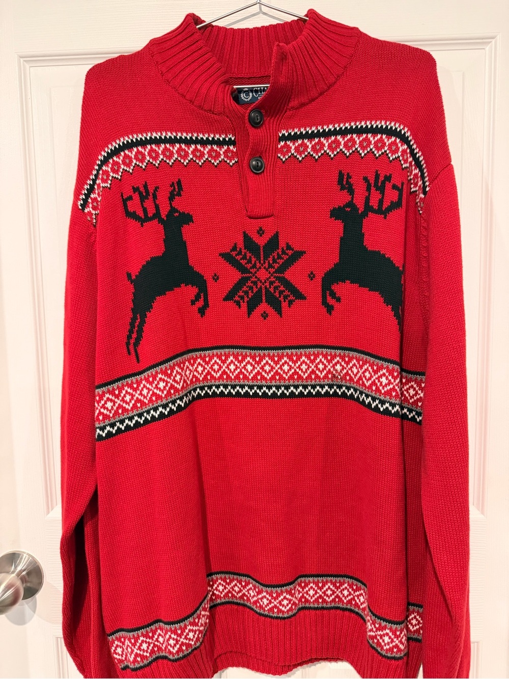 Chaps Red V-Neck Sweater with Black Reindeer Knit